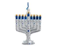 The Bridge Collection Glass Hanukkah Menorah Ornament -4.75" Blue and Silver-Toned with Glitter Accents -Jewish Holiday Décor, Hanukkah Tree Decoration, Festival of Lights
