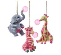 The Bridge Collection Glittery Safari Animal Ornaments - Set of 3 - Colorful 3.5" Zebra, Giraffe, & Elephant with Bubble Gum Ornaments
