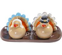 The Bridge Collection Pair of Pilgrim Turkeys Salt and Pepper Shaker Set - 3 Piece Set - Thanksgiving Kitchen Items - Fun Salt and Pepper Shakers for Autumn Decor