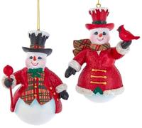 The Bridge Collection Red Plaid Snowman Ornaments - Set of 2 - Glittered Festive Snowmen with Cardinal Ornaments for Holiday Decor - Resin Snowman Christmas Ornaments