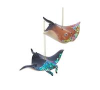 The Bridge Collection Set of 2 Beautiful Resin Manta Ray Ornaments - Blue & Coral Stingrays with Glitter Accents for Coastal Sea Life Decor