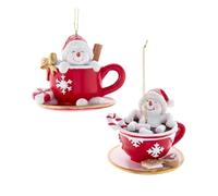 The Bridge Collection Set of 2 Snowmen in Mugs of Hot Chocolate Ornaments - 3.5" Snowman in Coffee Mug Hot Tub Christmas Ornament with Peppermint Candy Cane Accents