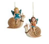 The Bridge Collection Set of 2 Woodland Boy & Girl Fairies Sitting on Snail Ornaments - 3.5" Resin Fairy & Animals Christmas Tree Ornaments- Enchanting Woodland Theme Holiday Decor