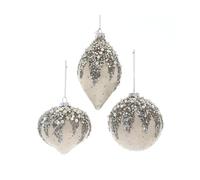 The Bridge Collection Set of 3 Glass Christmas Ornaments - 4" Elegant Holiday Ornaments with Beaded Glitter Accents - Pearl and Sequin Tree Decorations for Classic Christmas Decor