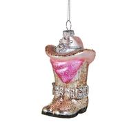The Bridge Collection Western Cowgirl Boot and Hat Christmas Ornament - Glittered Glass Holiday Decoration with Pink Bandana - Rustic Country Themed Tree Accent