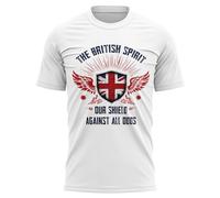 The British Spirit Mens T Shirt - Our Shield Against All Odds Tee - Patriotic Mens Top with Union Jack Design - Pride Heritage Gift, m, White