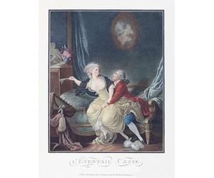 The Broken Fan. A man is trying to seduce a lady. It looks like she has been warding him off with her fan which is now broken. After an 18th century work possibly by French artist Charles-Melchior
