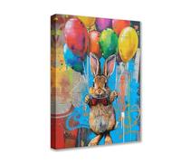 The Bunny Holding Colorful Balloons Posters Prints 1P Animal Graffiti Canvas Wall Art Modern Pictures Artwork for Living Room Bathroom Home Decor Framed Gallery-Wrapped Ready to Hang