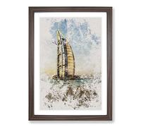 The Burj Al Arab in Dubai Vol.1 Watercolour Framed Print | A2 Walnut Framed Wall Art | Ready to Hang | Modern Historical Picture | Living Room Bedroom Lounge Office