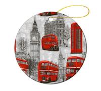 The Buses & Ancient Buildings Christmas Hanging Ornaments 2.8" | Round Ceramic Pendant Keepsake Xmas Tree Decor for Family Party
