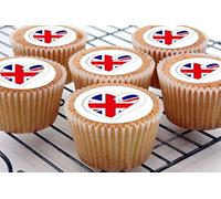 The Cake Decorators Boutique 24 edible GB Great Britain United Kingdom Union Jack Hearts style cake decorations Iced Icing CupCake Toppers, 4.2cm