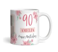 The Card Zoo 90th Birthday Gift for Her Pink Flower Photo Tea Coffee Cup Personalised Mug - Gift for Birthday, Custom Personalised Gift, Coffee Mug, Tea Mug, Cup