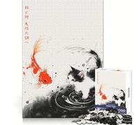 The Carp And The Cat Ink Sumi-e Jigsaw Puzzles for Teenagers 1000 Piece Raise Memory Leisure Time Clean Edge Lovely Present (38x52cm)