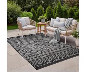 The Carpet Calgary - Weatherproof Outdoor Rug for Balcony & Terrace, Robust Flatwoven Rug for Garden, Easy to Clean Indoor & Outdoor, Boho Vintage Design, Anthracite, 120 x 160 cm