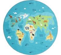 the carpet Happy Life Play Carpet, Washable, for the Bedroom, Suitable for Children, with Earth and Animal World Map Design, Blue, 160 x 160 cm