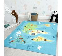 the carpet Happy Life Play Carpet, Washable, for the Bedroom, Suitable for Children, with Earth and Animal World Map Design, Blue, 120 x 160 cm