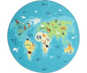 the carpet Happy Life Play Carpet, Washable, for the Bedroom, Suitable for Children, with Earth and Animal World Map Design, Blue, 160 x 160 cm