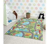 the carpet Happy Life Play Carpet, Washable, for the Bedroom, Suitable for Children, with Street, City and Car Motifs, Green, 140 x 200 cm