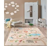 the carpet Happy Life Play Carpet, Washable, for the Bedroom, Suitable for Children, with Street, Road, Jungle, Animal and Car Motifs, beige-2, 200 x 290 cm