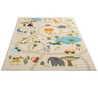 the carpet Happy Life Play Carpet, Washable, for the Bedroom, Suitable for Children, with Street, Road, Jungle, Animal and Car Motifs, Beige, 160 x 220 cm