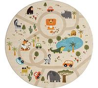 the carpet Happy Life Play Carpet, Washable, for the Bedroom, Suitable for Children, with Street, Road, Jungle, Animal and Car Motif, Round, Beige, 200 x 200 cm