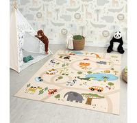 the carpet Happy Life Play Carpet, Washable, for the Bedroom, Suitable for Children, with Street, Road, Jungle, Animal and Car Motifs, Beige, 240 x 340 cm