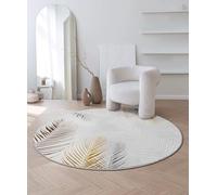 the carpet Mila Modern Living Room Rug, Elegant Shiny Short Pile Living Room Rug in Grey with Gold Silver Feather Pattern, 200 cm Round