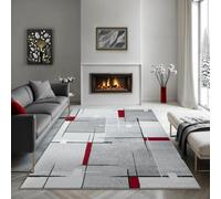 the carpet Pearl Modern Dense Short Pile Living Room Bedroom Rug, Contour Cut, Geometric Pattern, Chequered, Grey Red, 200 x 280 cm