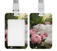 The Cat Among The Peonies Id Badge Holder with Breakaway Lanyard Abs Plastic Name Tag Holder Vertical Clear Front Window Push Slide Card Protector Gift for NurseTeacher Office Staff & Events