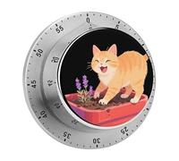 The Cat on The Flower Pot Mechanical Kitchen Timer 60 Minute Wind Up Countdown Clock with Magnetic Back Loud Alarm Stainless Steel Manual Timer for Cooking Baking Classroom Home Gym