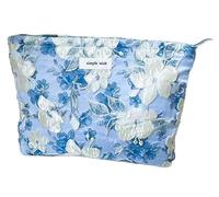 The Cedar Tree Sky Blue and White Floral Large Makeup Bag Wide-Open Zipper Pouch Travel Wash Bag Makeup Toiletry Cosmetic Organizer Bag for Women