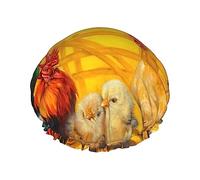 The Chicken Family Rooster Hen And Chicks Pattern Shower Cap & Bath Cap For Women,Reversible Oversized Waterproof Shower Caps Large Designed For All Hair Lengths,Elastic Reusable Bathing Hair Cap