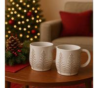 The Christmas Gift Co. Set of 2 Embossed Frosted Pine Trees Mug in Cream The Christmas Gift Co. Cream