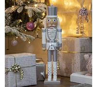 The Christmas Workshop 50cm Wooden Christmas Nutcracker Soldier Decoration | White and Silver Uniform, Freestanding with Wooden Base, Traditional Festive Ornament