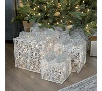 The Christmas Workshop 70979 Set of 3 Light-Up Christmas Boxes/Indoor Christmas Decorations / 65 Warm White LED Lights/Battery Operated/Silver & White