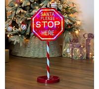 The Christmas Workshop Christmas Santa Please Stop Here Light-Up Signpost | 1m Tall, 45 Multicolour LED Lights, Red and White Candy Cane Pole, IP44 Indoor and Outdoor Decoration with 5m Cable