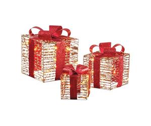 The Christmas Workshop Large Light-Up Gold & Red Gift Boxes/Set of 3 Different Sizes/Warm White LED Lights/Timer Function/Battery Powered (74459)