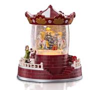 The Christmas Workshop LED Carousel Snow Globe with Music | Warm white LEDs, swirling glitter, 8 festive melodies, USB or battery powered, traditional carousel design