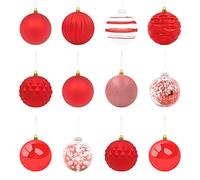 The Christmas Workshop Set of 12 Shatterproof Textured Baubles/Various Elegant Festive Designs/Christmas Tree Decorations with Hanging String (Red)