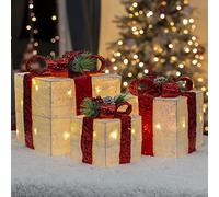 The Christmas Workshop 70749 Set of 3 Light-Up Christmas Boxes With Red Bow/Indoor Christmas Decorations / 65 Warm White LED Lights/Battery Operated/Timer Functionality