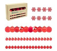 The Christmas Workshop Set of 50 Shatterproof Textured Baubles/Elegant Festive Designs/Christmas Tree Decorations with Hanging String/Various Sizes and Styles (Red)