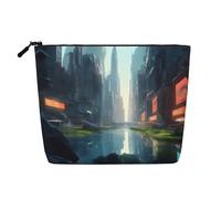 The City on The Water Single-Layer Linen-Look Makeup Pouch with Zipper Ensuring for Your Daily or Travel Needs