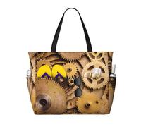 The Clocks Theme Gears Print Large Waterproof Beach Tote Bag for Women with Zip and Pockets Foldable Handbag for Travel Pool Shopping Holiday Gym