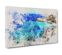 The Coast Of Malta Watercolour Canvas Print | Gallery Wrapped 30mm Frame Wall Art | 30x20 inches | Ready to Hang | Modern Seascape Picture | Living Room Bedroom Lounge Office