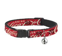 The Coca-Cola Company Cat Collar, Breakaway Collar with Bell, Drink Coca Cola Typograpy Logo Scattered Red White, 8.5 to 12 Inches 0.5 Inch Wide