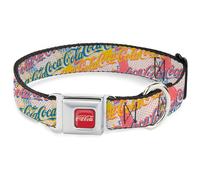 The Coca-Cola Company Pet Collar, Dog Collar Metal Seatbelt Buckle, Coca Cola Script Logo Stacked Pop Art White Multi Pastel, 11 to 16.5 Inches 1.0 Inch Wide