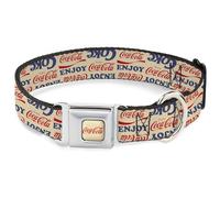 The Coca-Cola Company Pet Collar, Dog Collar Metal Seatbelt Buckle, Enjoy Coca Cola Coke Logos Collage Beige Red Blue, 11 to 16.5 Inches 1.0 Inch Wide