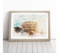 The Colisium in Rome Italy Watercolour Framed Wall Art Picture Print - Canvas Painting - Modern Home Décor Poster - Ready to Hang for Living Room Bedroom Kitchen - Oak A4 (27 x 36 cm)