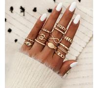 The Colourful Aura 13 Pcs Gold Stone Metallic Stacking Multi Size Knuckle Midi Ring Set Gold One Size