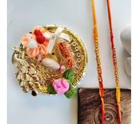 The Colourful Aura 2 Rakhi And 1 Platter Of Raksha Bandhan Golden Bead Thread Slim Rakhi In Orange Orange One Size
